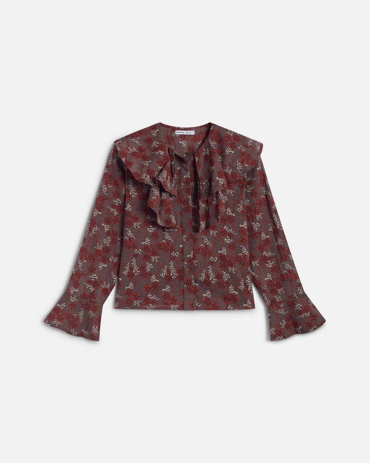 Blusa Volantes Assimétricos Padrão Floral Castanho