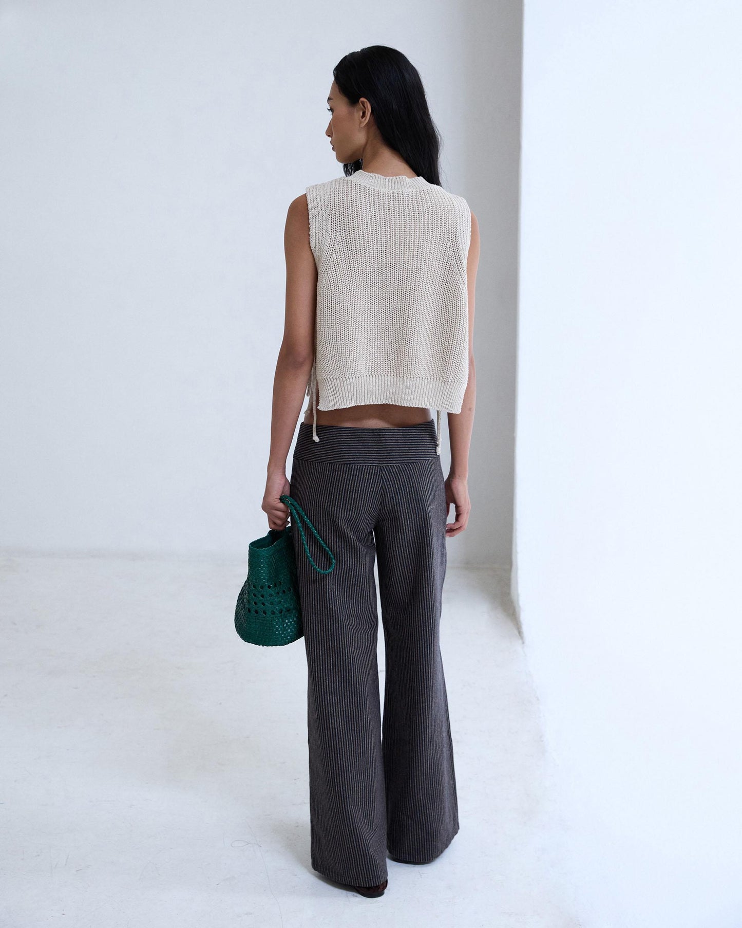 Pantalón Rayas Cinturilla Cruzada Marrón