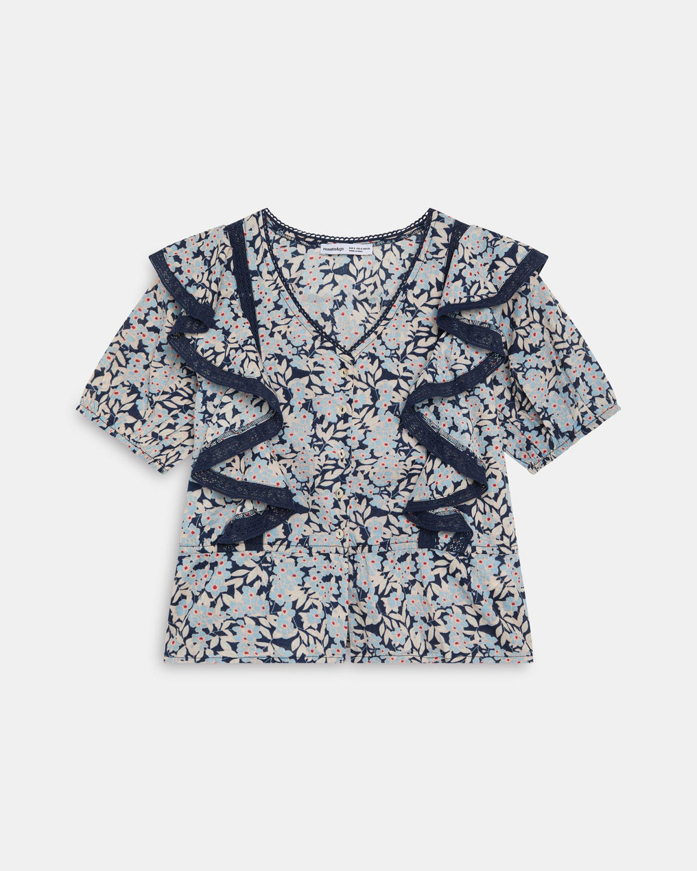 Blouse Bleue Imprimée à Manches Courtes, Boutons et Volants