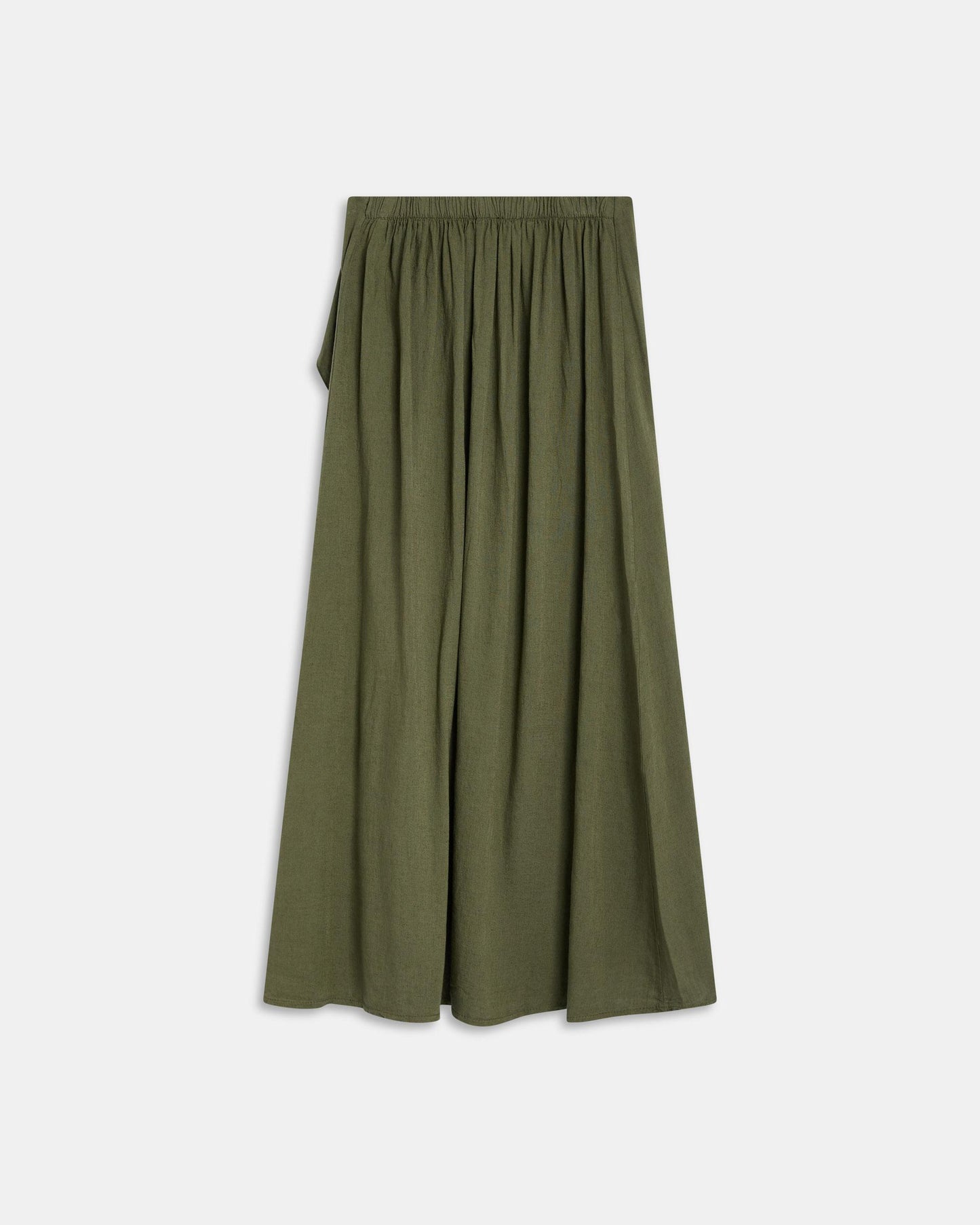 Falda Larga Volante Lateral Con Lino Verde Oscuro