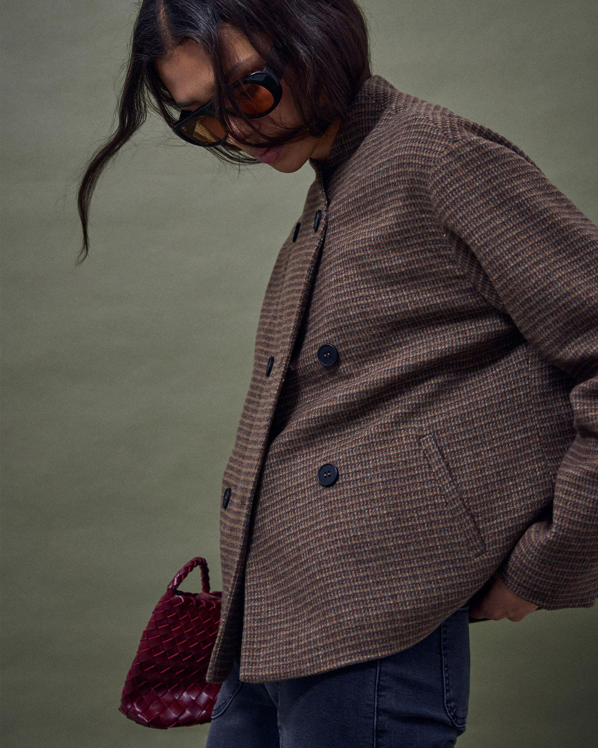 Chaqueta Botones Delanteros Mezcla Lana Marrón