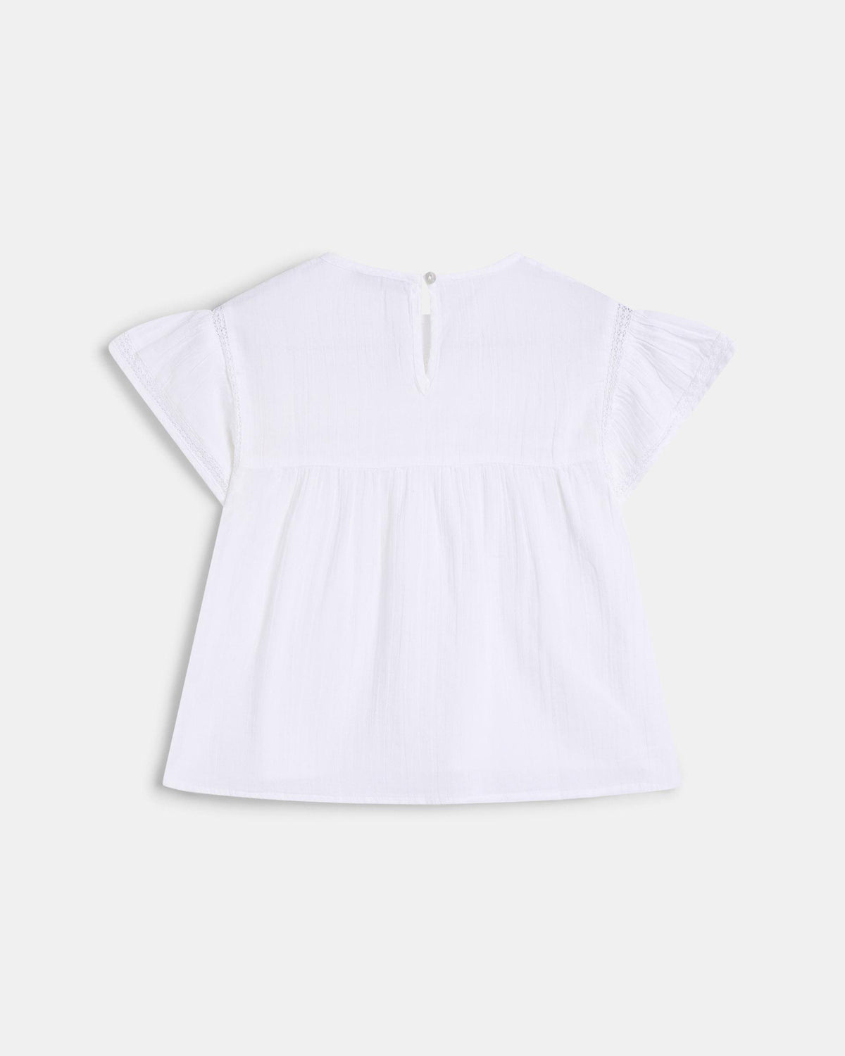 Blusa Branca de Manga Curta com Renda à Frente