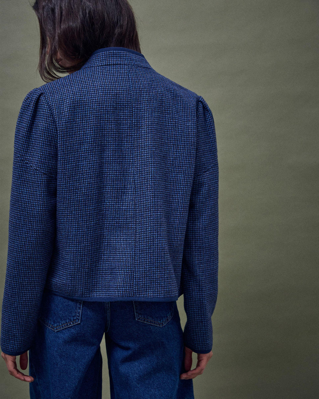 Chaqueta Ribete Contraste Mezcla Lana Azul
