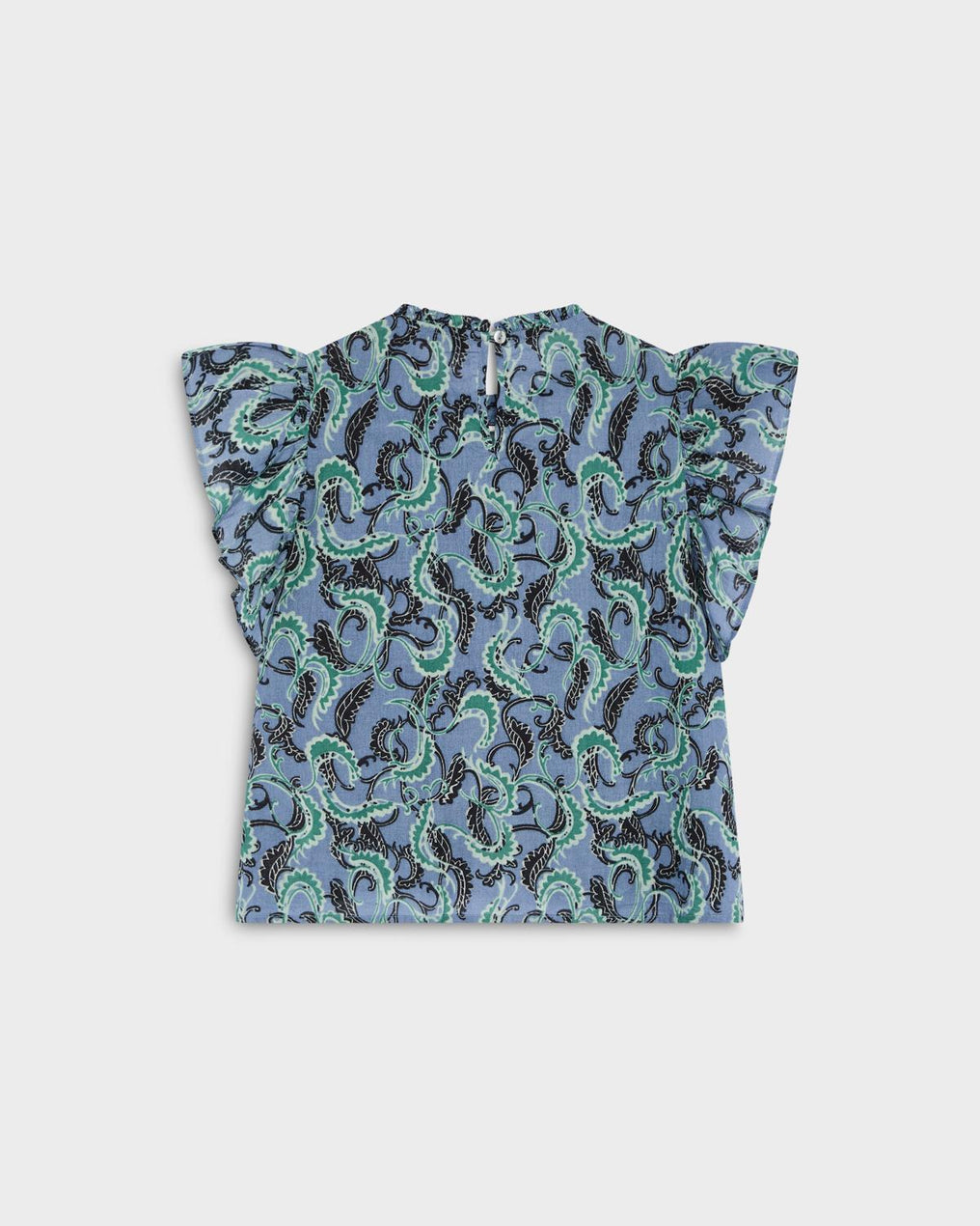 Blusa Manga Curta Volantes Rendas Padrão Azul