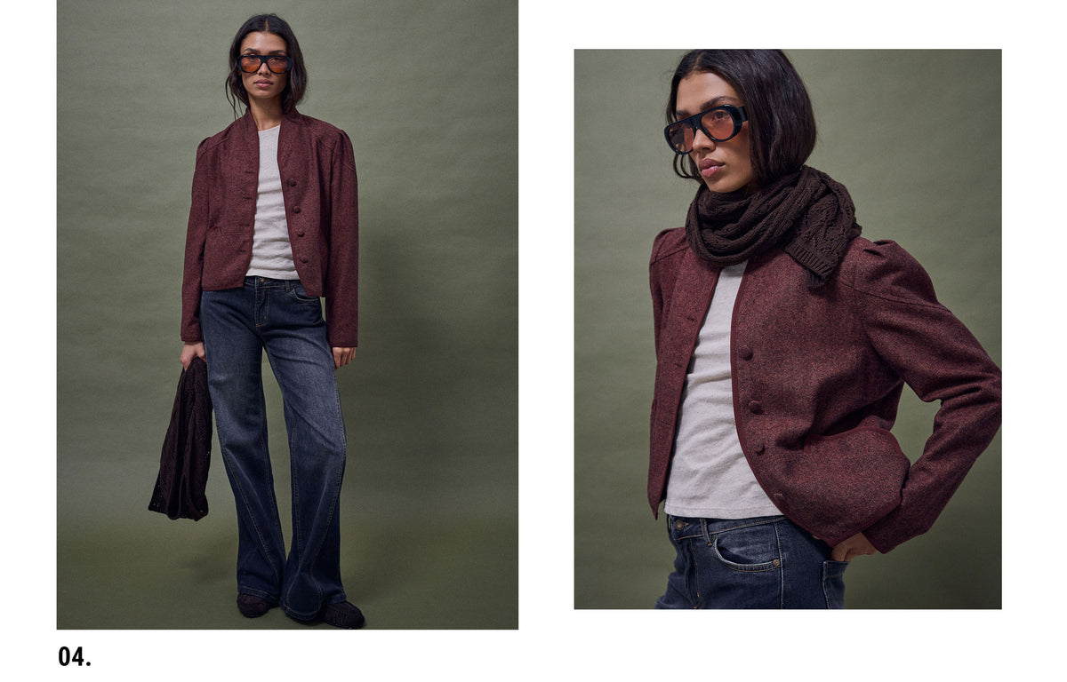 Chaqueta Ribete Contraste Mezcla Lana Teja