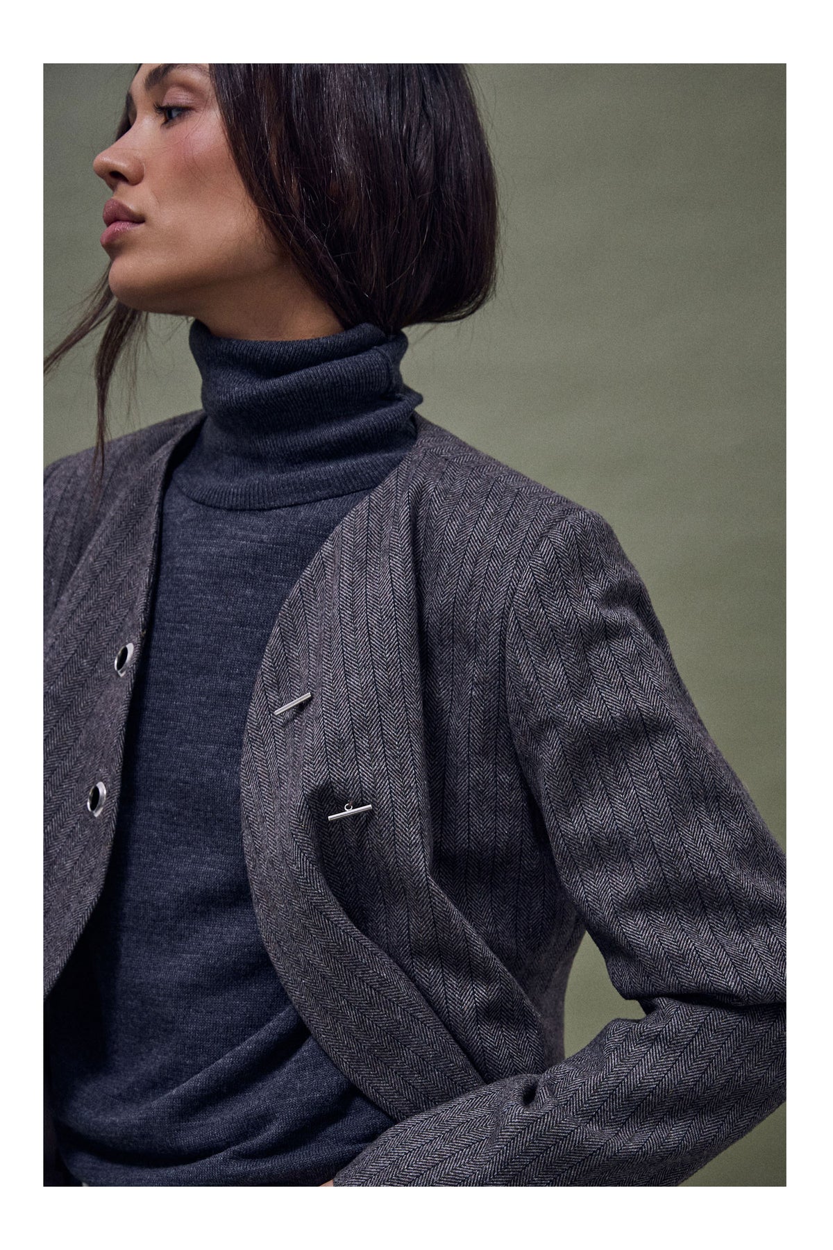 Chaqueta Botones Anillas Mezcla Lana Taupe