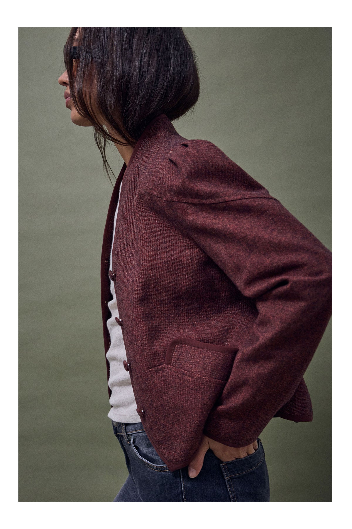 Chaqueta Ribete Contraste Mezcla Lana Teja